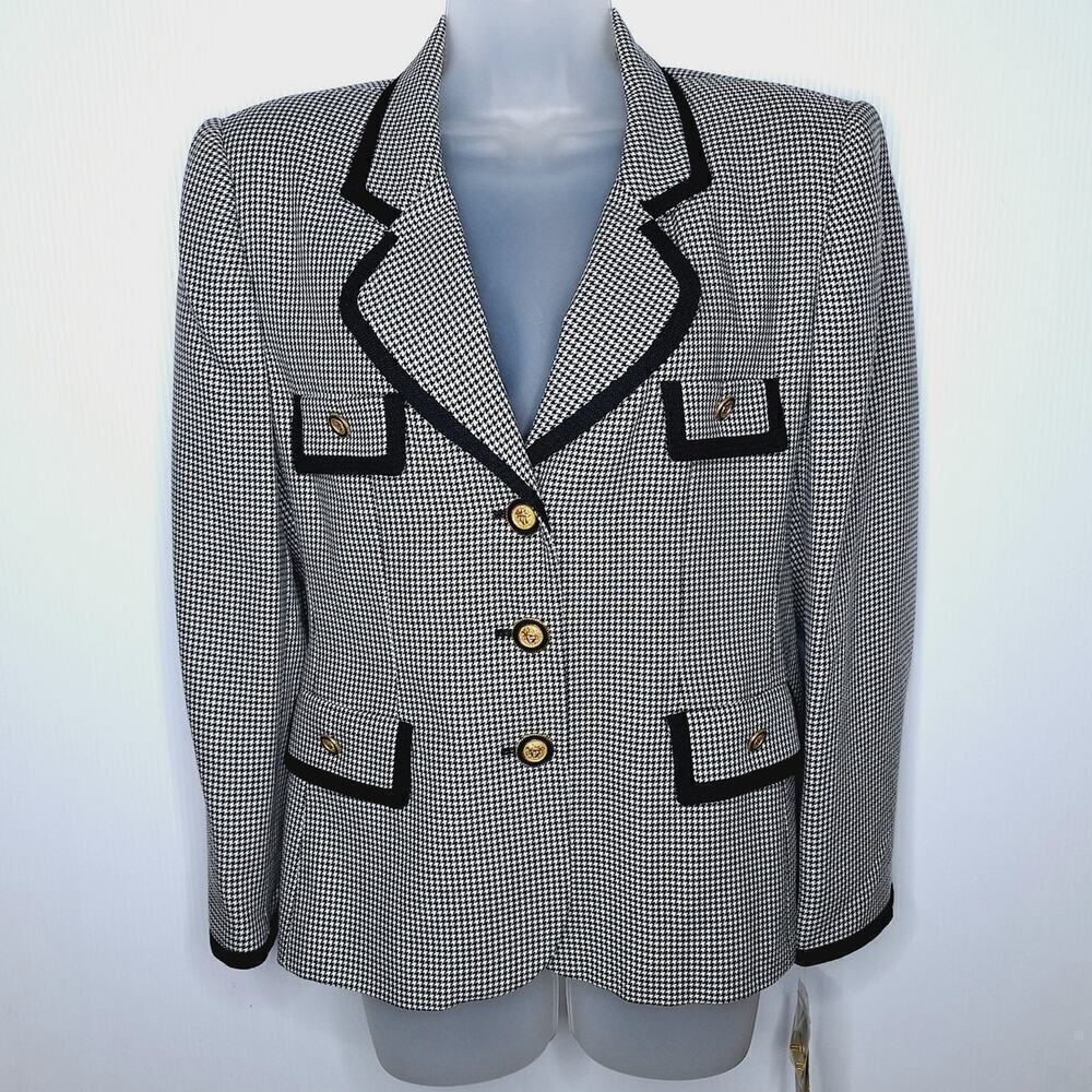Vintage Gilmor 90s Houndstooth Blazer Jacket Medusa Gold Button 10 Petite Career